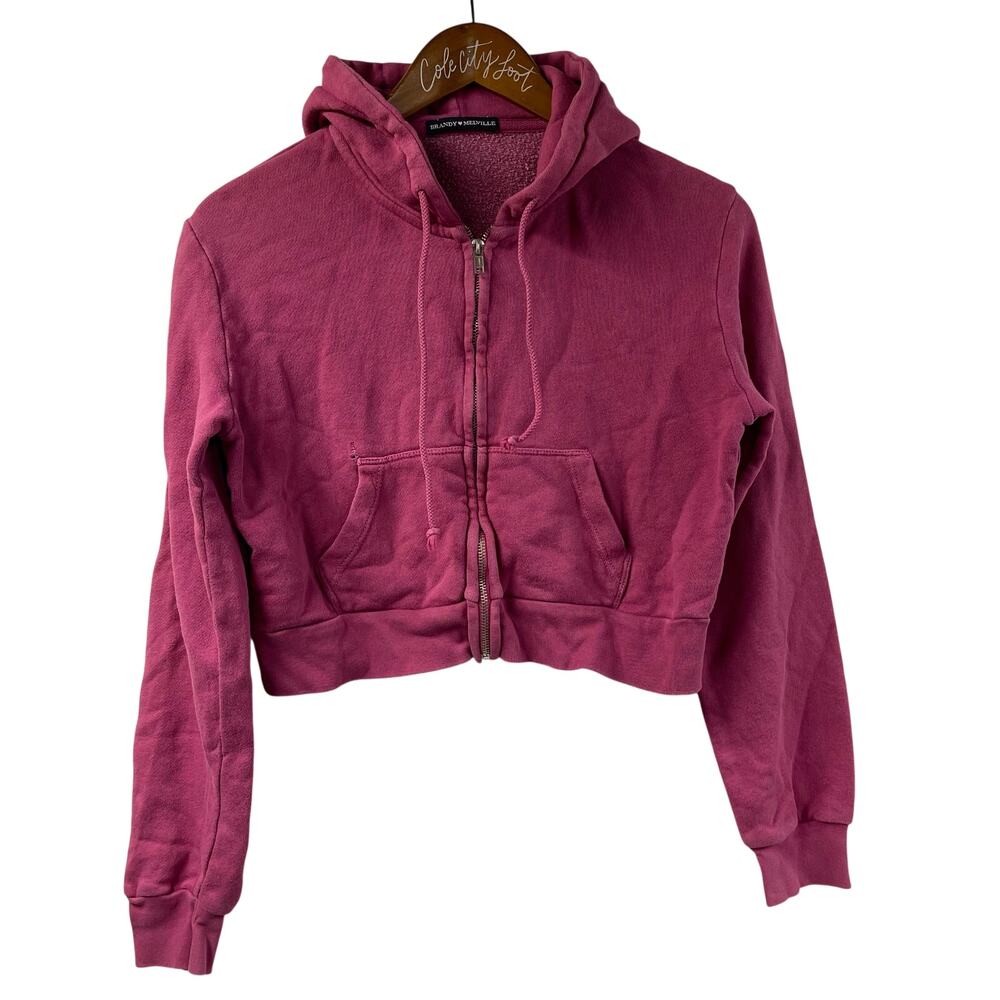 Brandy Melville Hoodie Full Zip Crop Pink Magenta OS Cotton